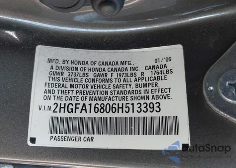 2006 Honda Civic Ex from USA, damaged, VIN 2HGFA16806H513393